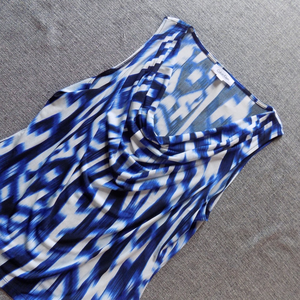 Calvin Klein Blouse Women Large Blue Excellent Cowl Neck Abstract Sleeveless Top